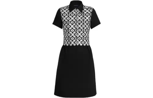 LOUIS VUITTON Short Sleeved Dresses Women's Black Lapel Moderate Mid Length