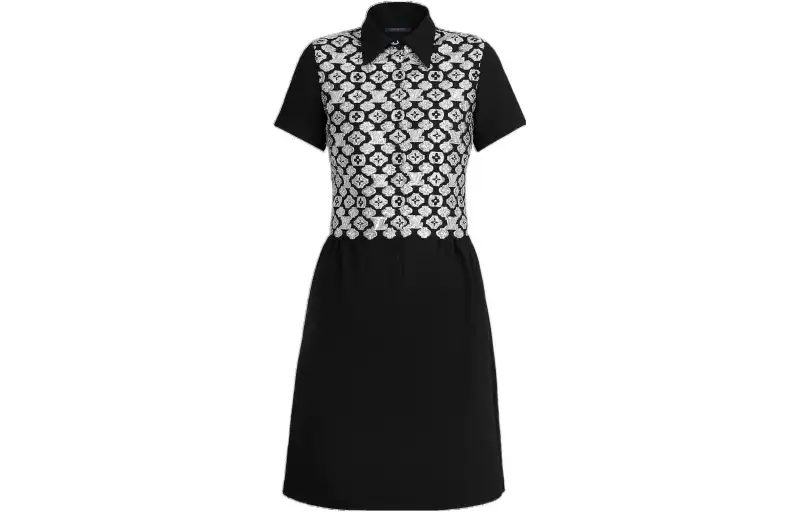 LOUIS VUITTON Short Sleeved Dresses Women's Black Lapel Moderate Mid Length
