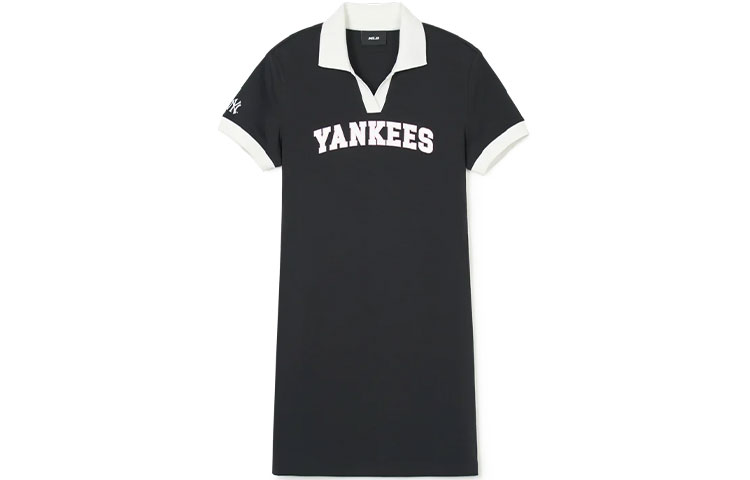 MLB SS24 New York Yankees contrasting letter print casual polo collar American retro college style short-sleeved dress women's black