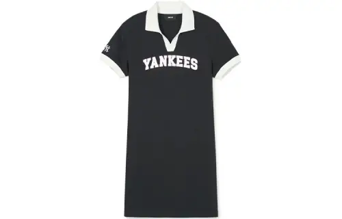 MLB SS24 New York Yankees contrasting letter print casual polo collar American retro college style short-sleeved dress women's black