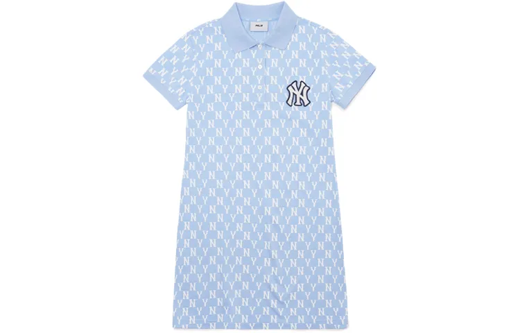 MLB Basic Logo Short-Sleeved Dresses Women's Light Blue Polo Collar Moderate Short Skirt