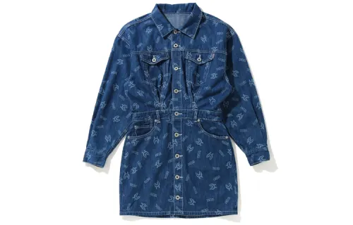 A BATHING APE Shark Series Long Sleeved Dresses Women's Blue Pointed Collar