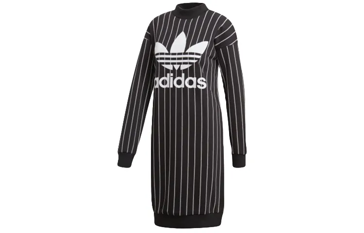 Adidas Originals Long-Sleeved Dresses Women's Black Stand Collar Moderate Mid-Length Bodycon Skirt