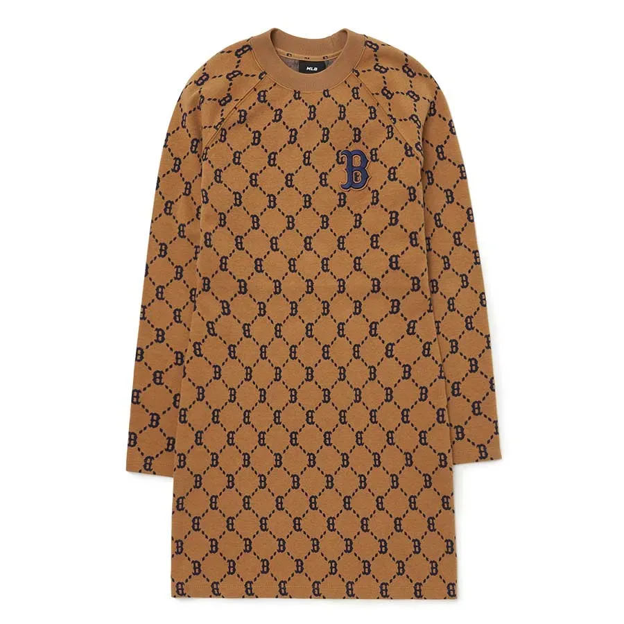 MLB Monogram Long-Sleeved Dresses Women's Khaki Crew Neck Moderate Mid-Length Bodycon Skirt
