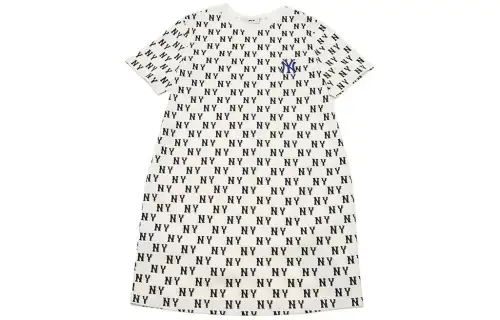 MLB New York Yankees SS24 all-over printed floral round neck comfortable casual short-sleeved dress for women, cream