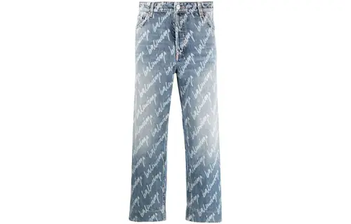 Balenciaga Women'ss All Over Logo Cropped Denim Trousers Indigo/White
