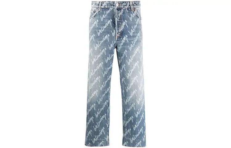 Balenciaga Women'ss All Over Logo Cropped Denim Trousers Indigo/White