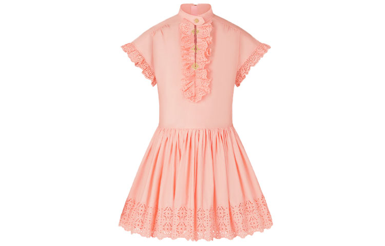 LOUIS VUITTON Small doll, mini-skirt, fuchsia short sleeve dress, with embroidery, A-line