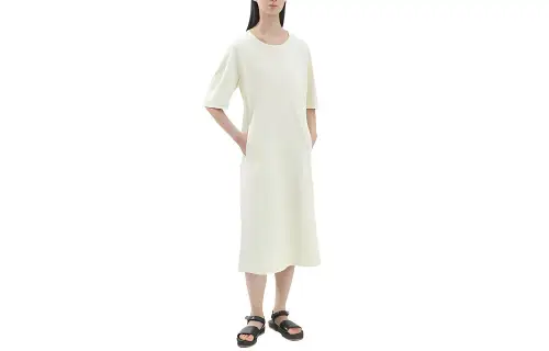 UNIQLO U Collection Short Sleeved Dresses Women's Light Beige Crew Neck Moderate Mid Length