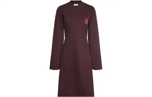 Vetements Long Sleeved Dresses Women's Burgundy Crew Neck Moderate Mid Length