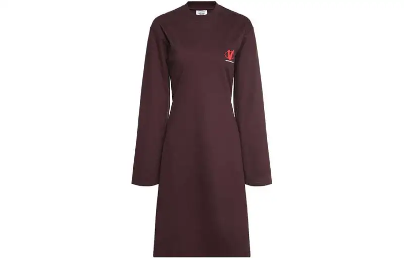 Vetements Long Sleeved Dresses Women's Burgundy Crew Neck Moderate Mid Length