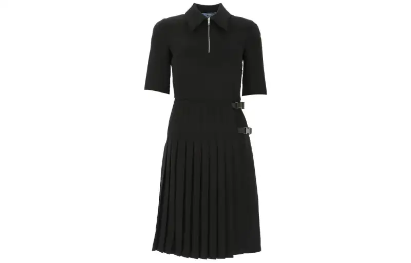 PRADA Short Sleeved Dresses Women's Black Suit Collar Moderate Long