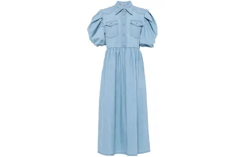 MIU MIU Short Sleeved Dresses Women's Light Blue Shirt Collar Moderate Long