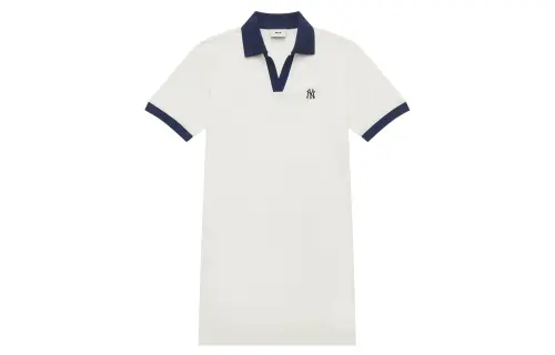 MLB Base creamy short sleeve dress for leisure, loose straight fit, polo collar