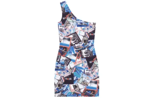 Balenciaga Women'ss Allover Cities Asymetric Mini Dress Grey/Blue/Multi