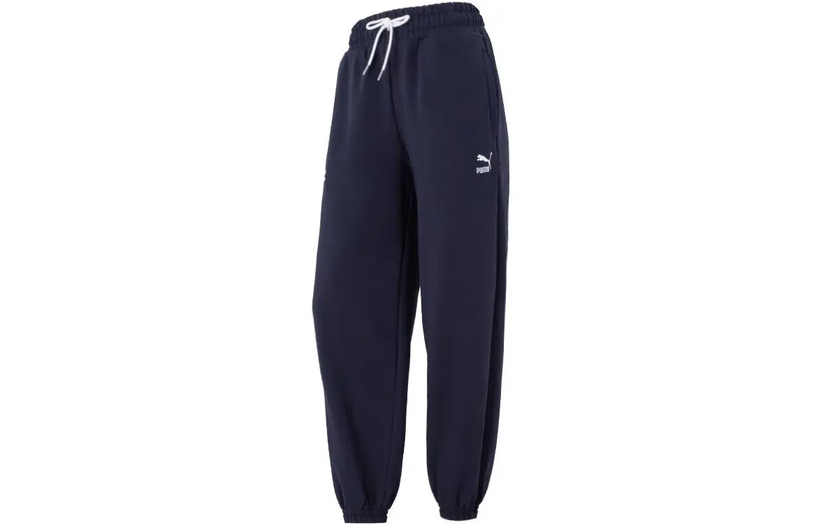 PUMA Solid Color Outdoor Fleece-Lined Thermal Elastic Cuff Lace-Up Knitted Sweatpants Women's Navy Blue