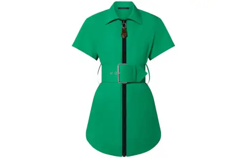 LOUIS VUITTON Short Sleeved Dresses Women's Green Shirt Collar Moderate Short