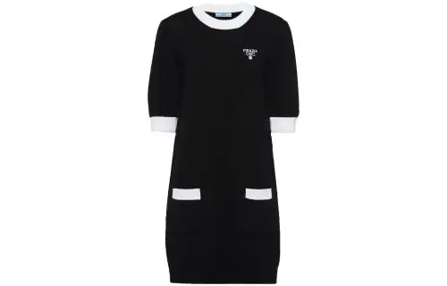 PRADA Short Sleeved Dresses Women's Black Crew Neck Moderate Short