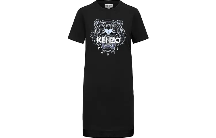 KENZO Classic Tiger Head Short Sleeved Dresses Women's Black Crew Neck Moderate Short
