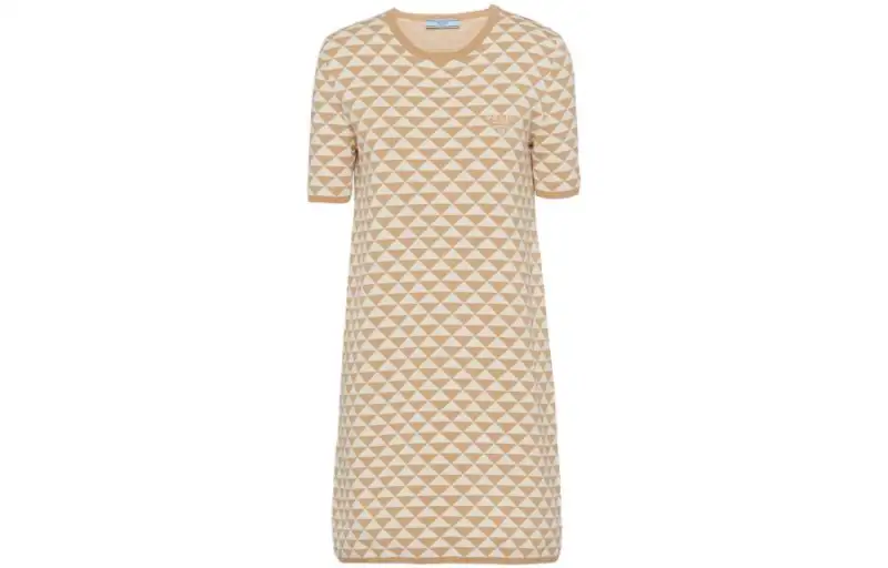 PRADA Short Sleeved Dresses Women's Beige Crew Neck Moderate Short