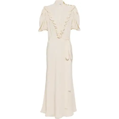 MIU MIU Short Sleeved Dresses Women's Sandy Beige Crew Neck Moderate Long