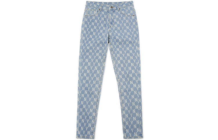 MLB New York Yankees Sports Lifestyle Series Brand LOGO Letters Fully Printed Mid-waist Fit Casual Wear-Resistant Jeans Women's Light Blue