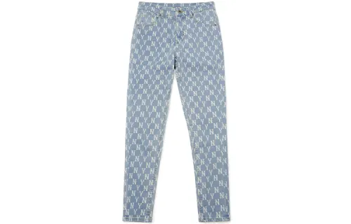 MLB New York Yankees Sports Lifestyle Series Brand LOGO Letters Fully Printed Mid-waist Fit Casual Wear-Resistant Jeans Women's Light Blue