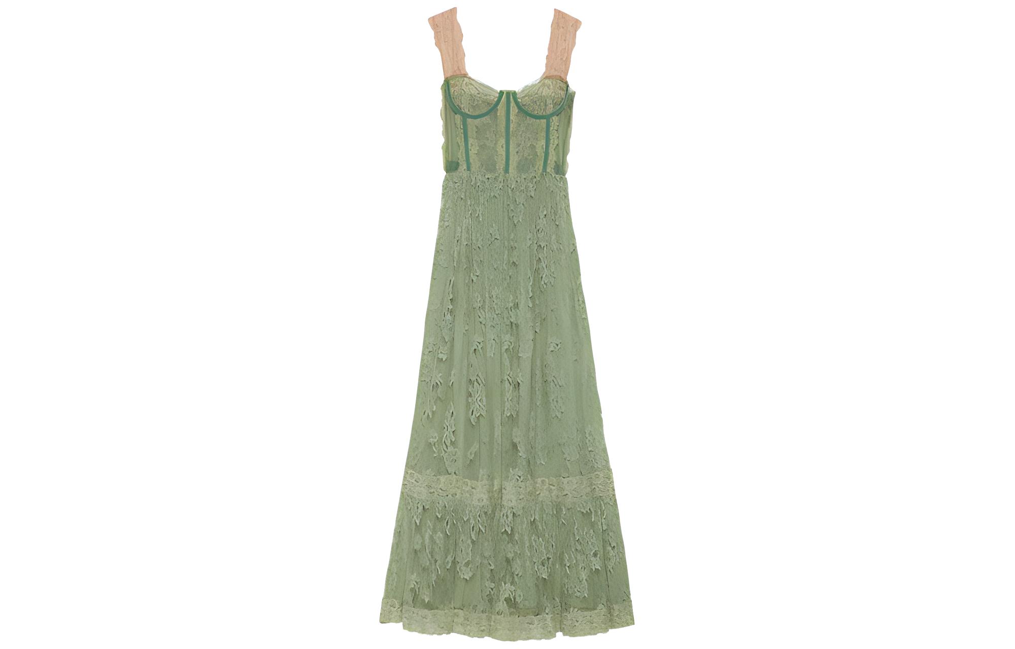 GUCCI Sleeveless Lace Corset Tiered Dress Green