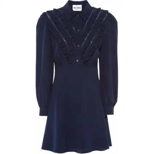 MIU MIU Long Sleeved Dresses Women's Blue Pointed Collar Moderate Short