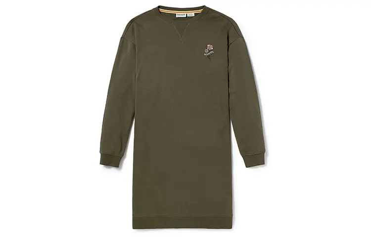 Timberland Long Sleeved Dresses Women's Army Green Crew Neck Moderate Mid Length