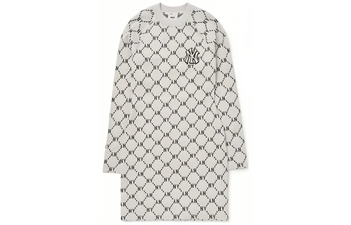 MLB Monogram Long-Sleeved Dresses Women's White Crew Neck Thin Short