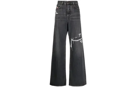 DIESEL Logo Patch Distressed Wide Leg Jeans