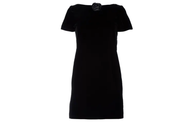 SAINT LAURENT Short Sleeved Dresses Women's Black Crew Neck Moderate Mid Length