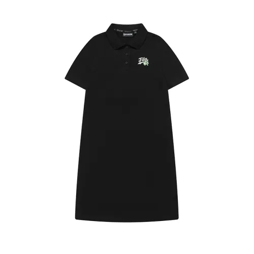 FILA FUSION Fila trendy brand SS24 INLINE series letter printed Polo collar fashionable and versatile casual knitted short-sleeved dress for women, black