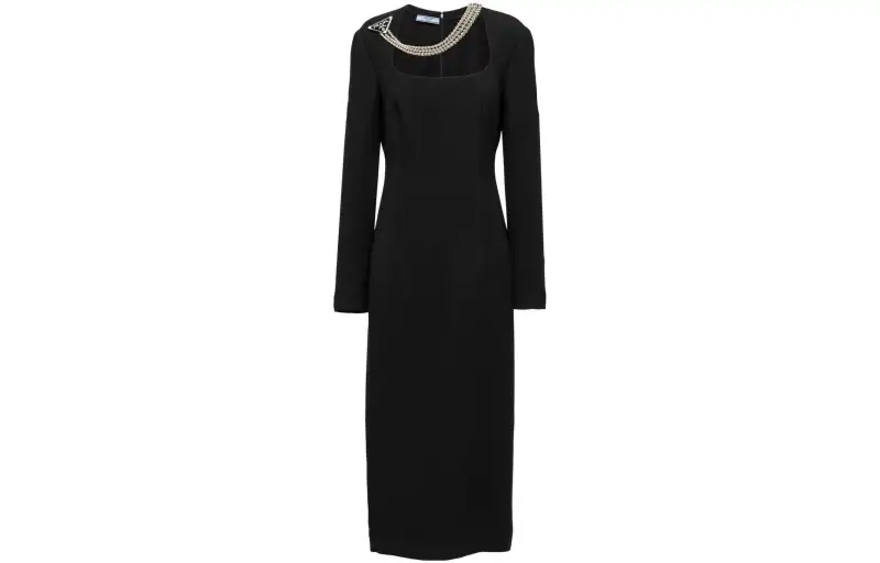 PRADA Long Sleeved Necklace-Embellished Cady Dress