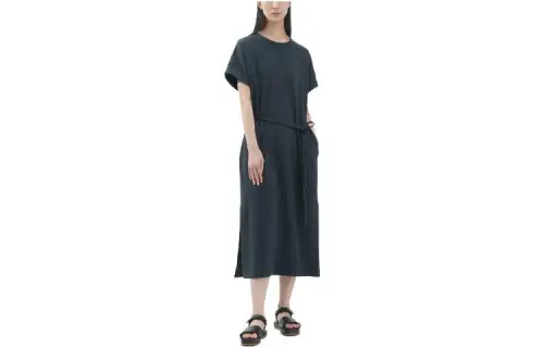 UNIQLO Short Sleeved Dresses Women's Dark Gray Crew Neck Mid Length