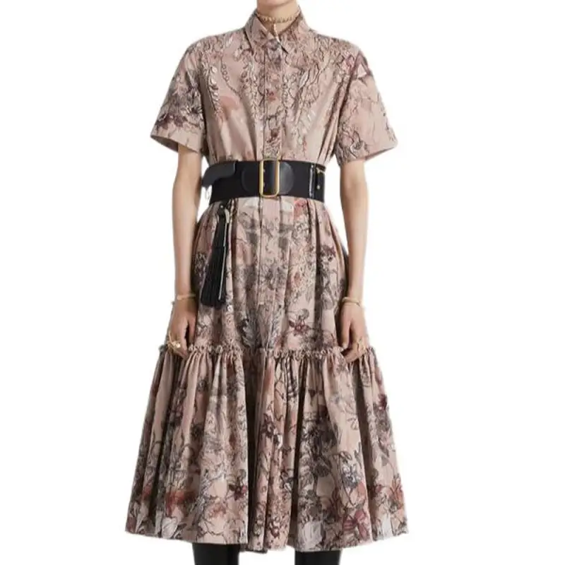 DIOR Short Sleeved Dresses Women's Rose Pink Lapel Moderate Mid Length