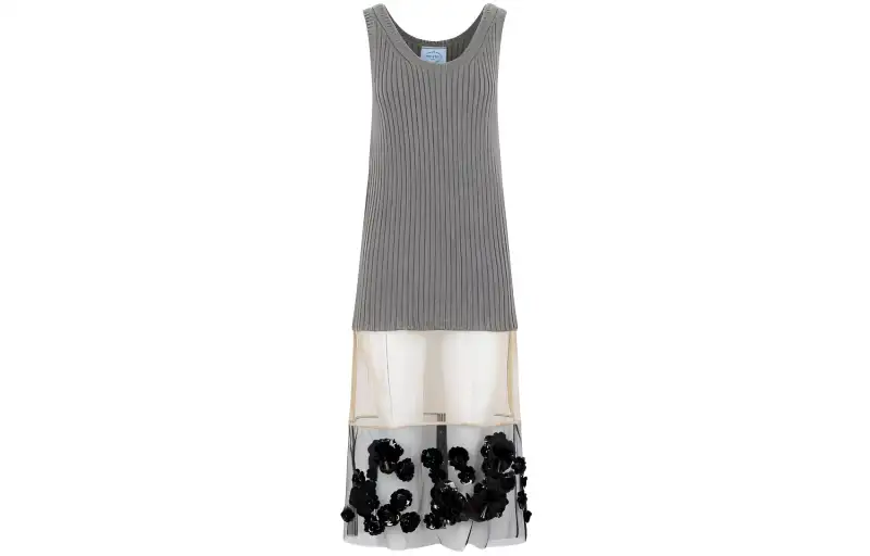 PRADA Sleeveless Dresses Women's Gray Crew Neck Moderate Long