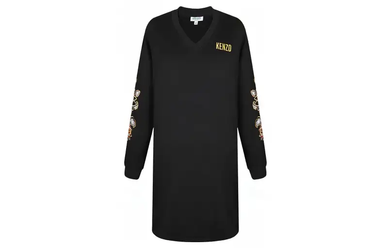 KENZO Long Sleeved Dresses Women's Black V Neck Moderate Short