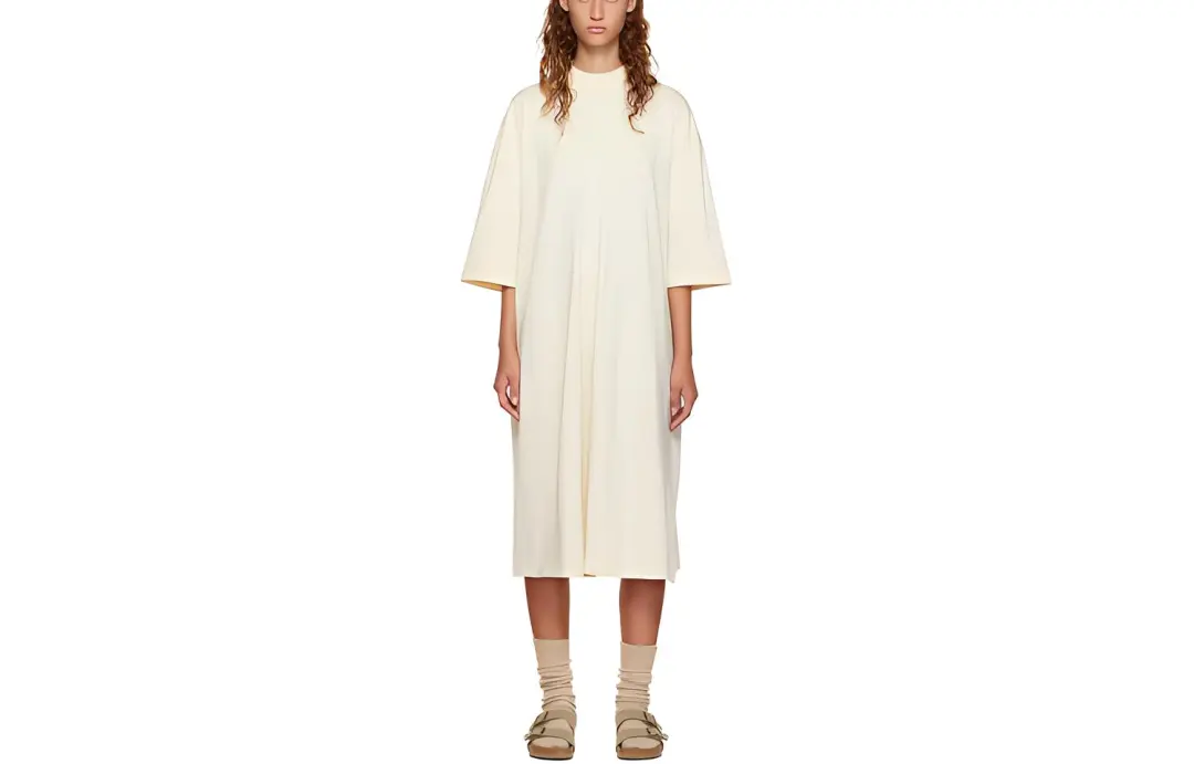 Fear Of God Essentials FW22 Off White Short Sleeve Midi Dress Egg Shell Short Sleeved Dress Women's Eggshell White
