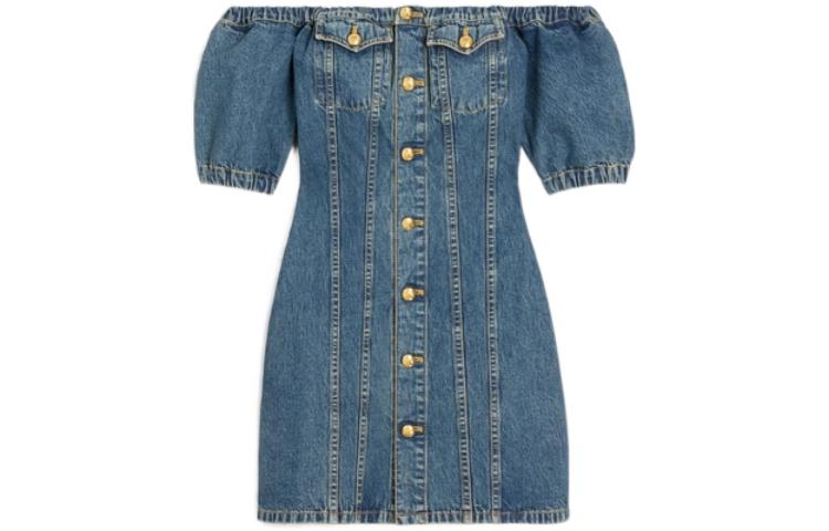 CELINE Celine SS23 solid color one-breasted short-sleeved dress with one-piece collar, women's denim blue