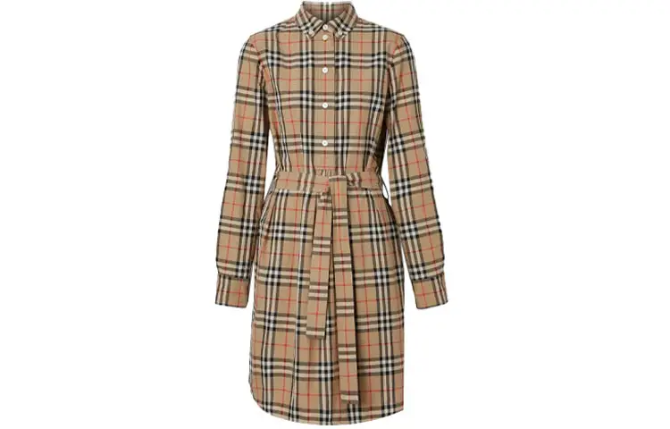 Burberry Ivery Check Knee Length Cotton Dress Brown
