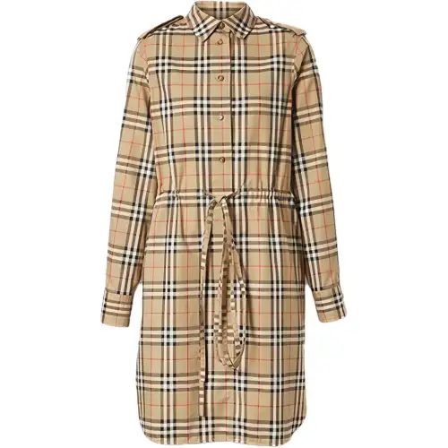 Burberry Ivery Check Knee Length Cotton Dress Brown