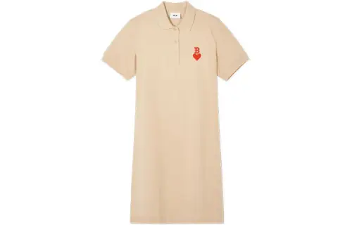 MLB Long khaki short sleeve dress, with embroidery, polo collar, mid-length