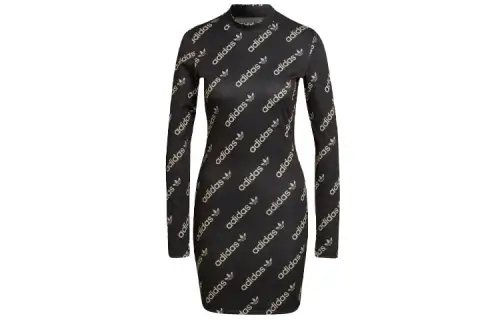 Adidas Originals Long Sleeved Dresses Women's Black Crew Neck Moderate Mid Length