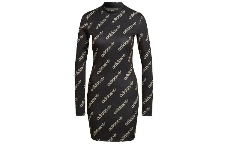 Adidas Originals Long-Sleeved Dresses Women's Black Crew Neck Moderate Mid-Length