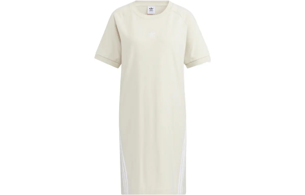 Adidas Originals Short-Sleeved Dresses Women's Ecru Crew Neck Moderate Mid-Length