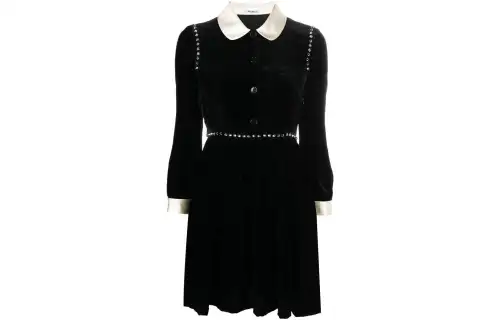 MIU MIU Miu Miu SS22 contrast collar rivet-embellished velvet effect long-sleeved dress for women, black