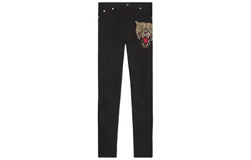 Angry cat embroidered denim pant