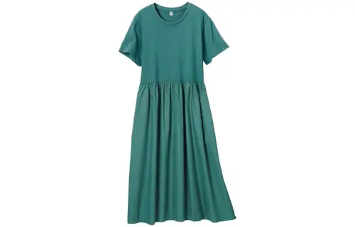 UNIQLO Short Sleeved Dresses Women's Green Crew Neck Moderate Mid Length